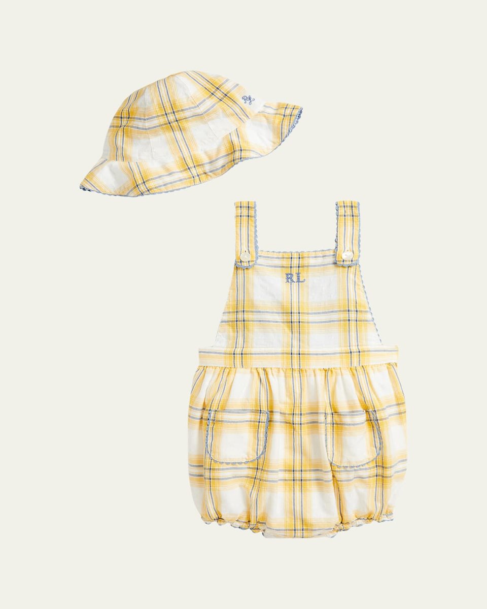 Girl's Plaid Dobby Cotton Shortalls, Size 3M-